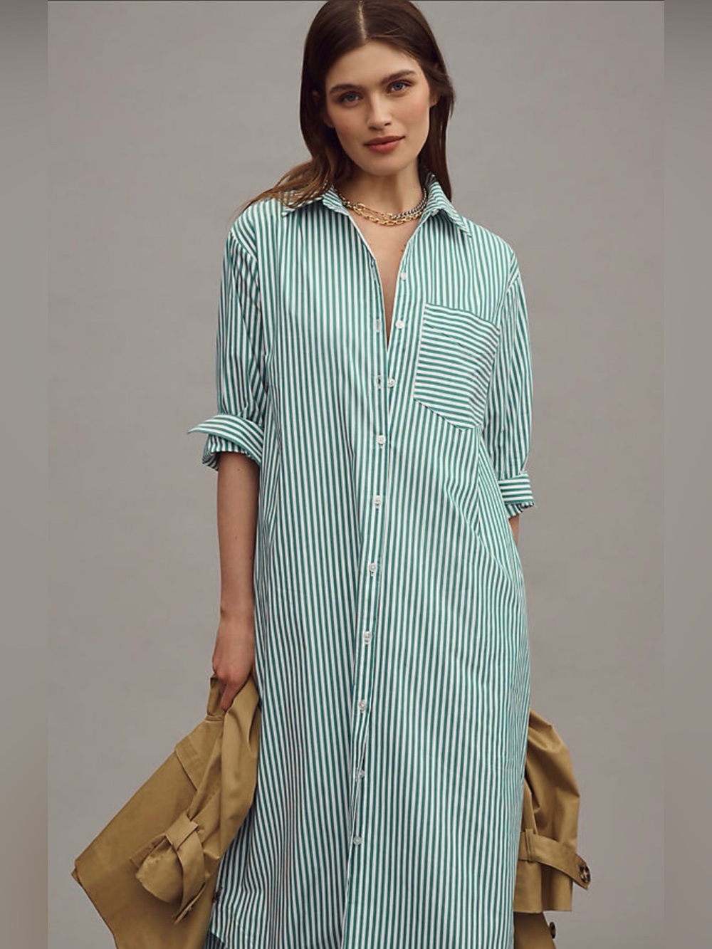 Maeve Soren Green & White Striped Long-Sleeve Shirt Dress Large Petite NWT